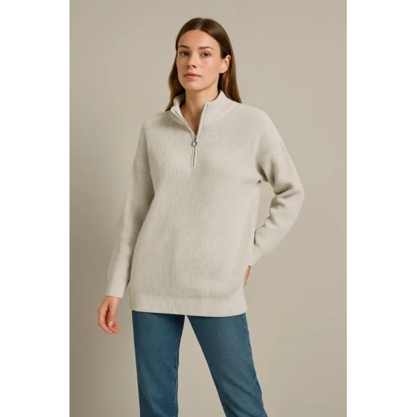 KADIN Yarım Fermuarlı Triko Kazak – Selanik Örgü, Dik Yaka, Pamuklu Dokuma, Oversize Uzun Kollu Kışlık Model - Gri