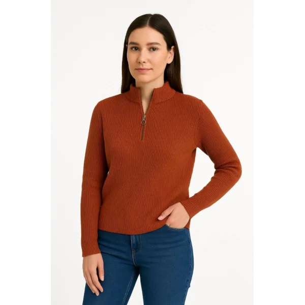 KADIN Yarım Fermuarlı Triko Kazak – Selanik Örgü, Dik Yaka, Pamuklu Dokuma, Oversize Uzun Kollu Kışlık Model - Kiremit