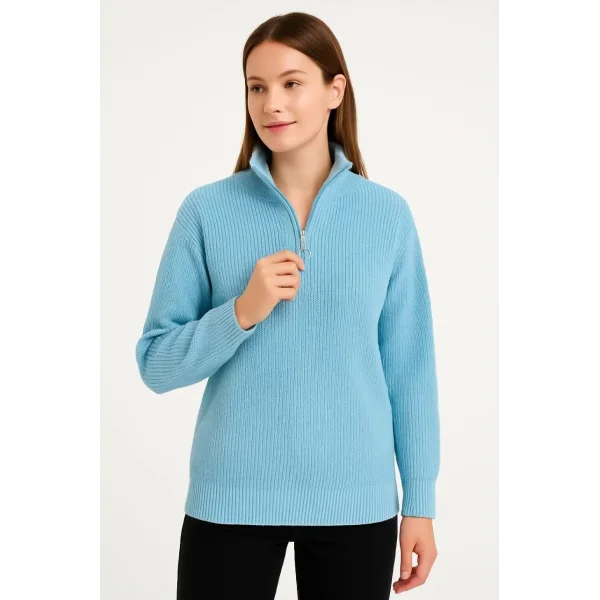 KADIN Yarım Fermuarlı Triko Kazak – Selanik Örgü, Dik Yaka, Pamuklu Dokuma, Oversize Uzun Kollu Kışlık Model - Bebe Mavisi