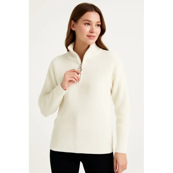 KADIN Yarım Fermuarlı Triko Kazak – Selanik Örgü, Dik Yaka, Pamuklu Dokuma, Oversize Uzun Kollu Kışlık Model - Beyaz