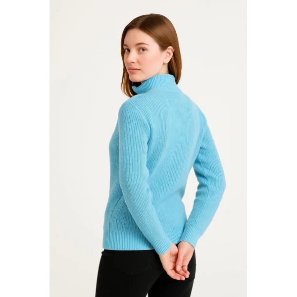 KADIN Yarım Fermuarlı Triko Kazak – Selanik Örgü, Dik Yaka, Pamuklu Dokuma, Oversize Uzun Kollu Kışlık Model - Bebe Mavisi