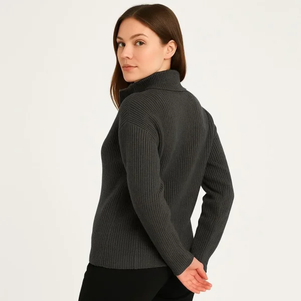 KADIN Yarım Fermuarlı Triko Kazak – Selanik Örgü, Dik Yaka, Pamuklu Dokuma, Oversize Uzun Kollu Kışlık Model - Füme