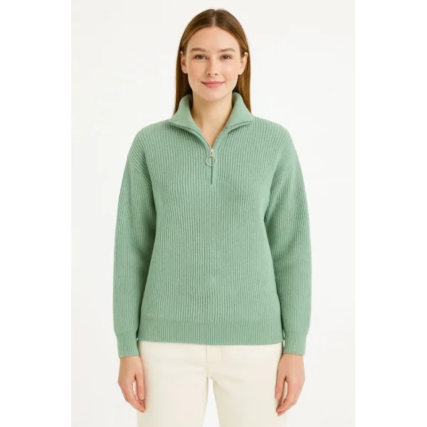 KADIN Yarım Fermuarlı Triko Kazak – Selanik Örgü, Dik Yaka, Pamuklu Dokuma, Oversize Uzun Kollu Kışlık Model - Mint Yeşili