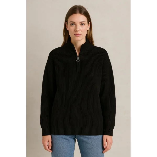 KADIN Yarım Fermuarlı Triko Kazak – Selanik Örgü, Dik Yaka, Pamuklu Dokuma, Oversize Uzun Kollu Kışlık Model - Siyah