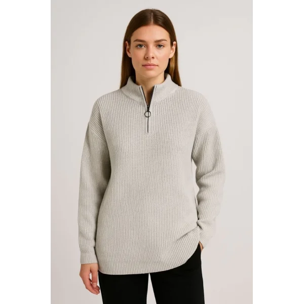 KADIN Yarım Fermuarlı Triko Kazak – Selanik Örgü, Dik Yaka, Pamuklu Dokuma, Oversize Uzun Kollu Kışlık Model - Gri