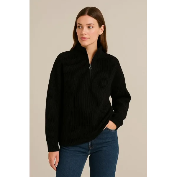 KADIN Yarım Fermuarlı Triko Kazak – Selanik Örgü, Dik Yaka, Pamuklu Dokuma, Oversize Uzun Kollu Kışlık Model - Siyah