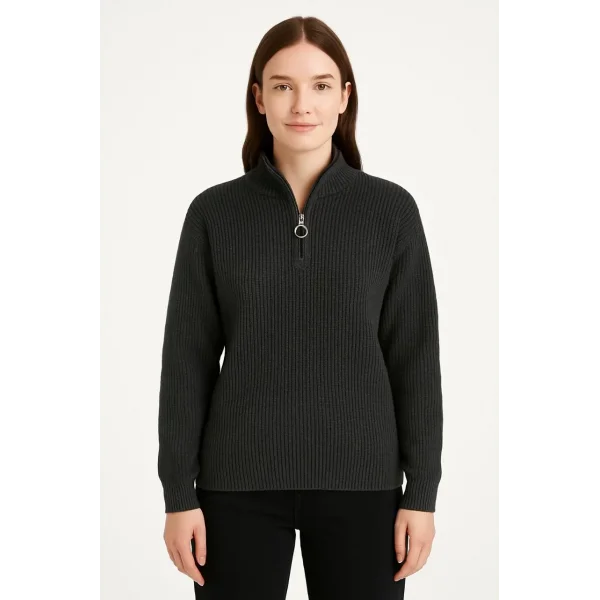 KADIN Yarım Fermuarlı Triko Kazak – Selanik Örgü, Dik Yaka, Pamuklu Dokuma, Oversize Uzun Kollu Kışlık Model - Füme