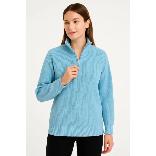 KADIN Yarım Fermuarlı Triko Kazak – Selanik Örgü, Dik Yaka, Pamuklu Dokuma, Oversize Uzun Kollu Kışlık Model - Bebe Mavisi