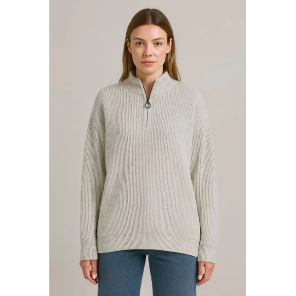 KADIN Yarım Fermuarlı Triko Kazak – Selanik Örgü, Dik Yaka, Pamuklu Dokuma, Oversize Uzun Kollu Kışlık Model - Bej