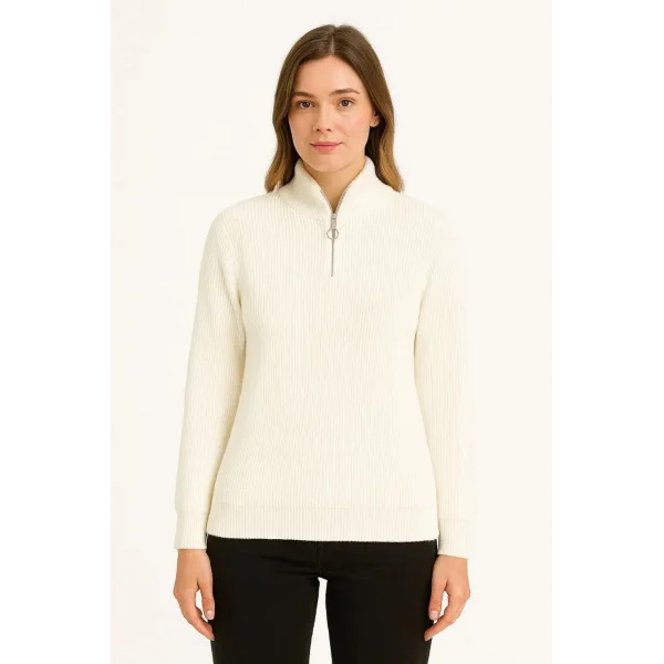 KADIN Yarım Fermuarlı Triko Kazak – Selanik Örgü, Dik Yaka, Pamuklu Dokuma, Oversize Uzun Kollu Kışlık Model - Beyaz