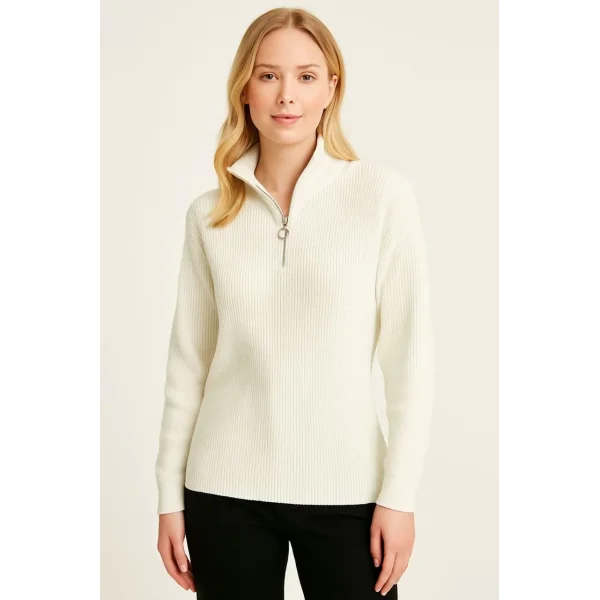 KADIN Yarım Fermuarlı Triko Kazak – Selanik Örgü, Dik Yaka, Pamuklu Dokuma, Oversize Uzun Kollu Kışlık Model - Beyaz