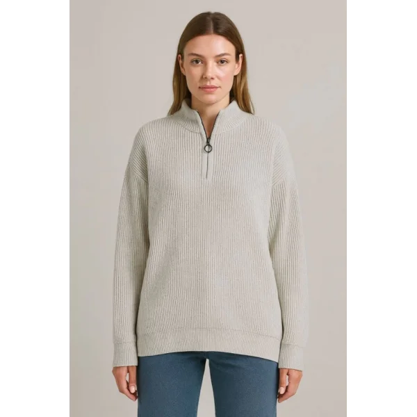 KADIN Yarım Fermuarlı Triko Kazak – Selanik Örgü, Dik Yaka, Pamuklu Dokuma, Oversize Uzun Kollu Kışlık Model - Gri