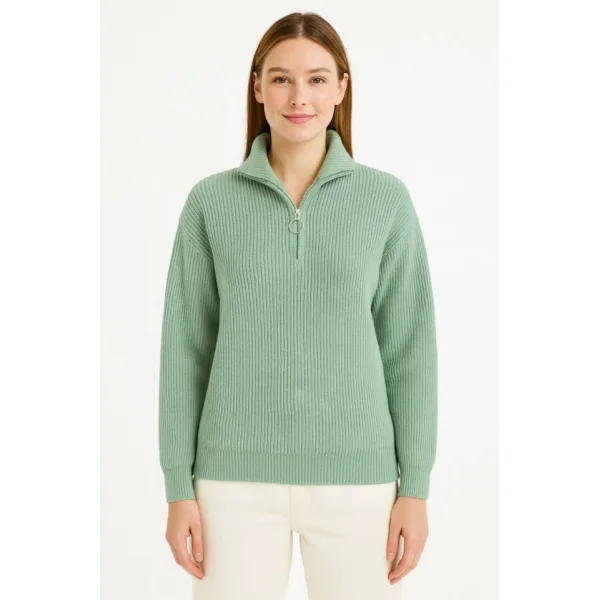 KADIN Yarım Fermuarlı Triko Kazak – Selanik Örgü, Dik Yaka, Pamuklu Dokuma, Oversize Uzun Kollu Kışlık Model - Mint Yeşili