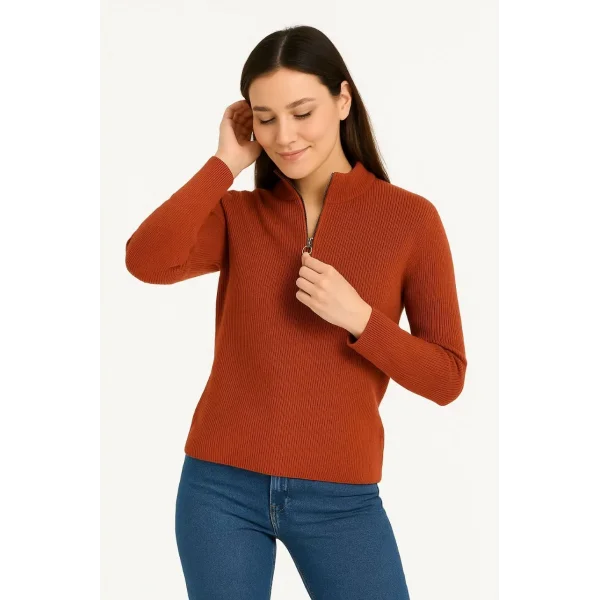 KADIN Yarım Fermuarlı Triko Kazak – Selanik Örgü, Dik Yaka, Pamuklu Dokuma, Oversize Uzun Kollu Kışlık Model - Kiremit