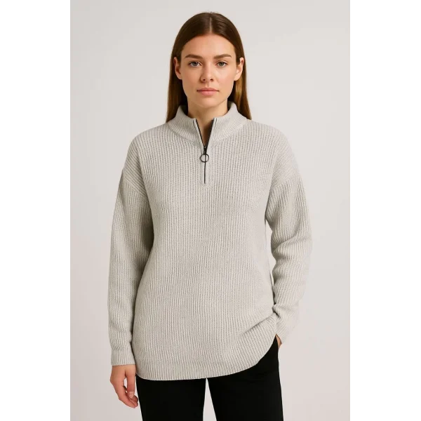 KADIN Yarım Fermuarlı Triko Kazak – Selanik Örgü, Dik Yaka, Pamuklu Dokuma, Oversize Uzun Kollu Kışlık Model - Bej