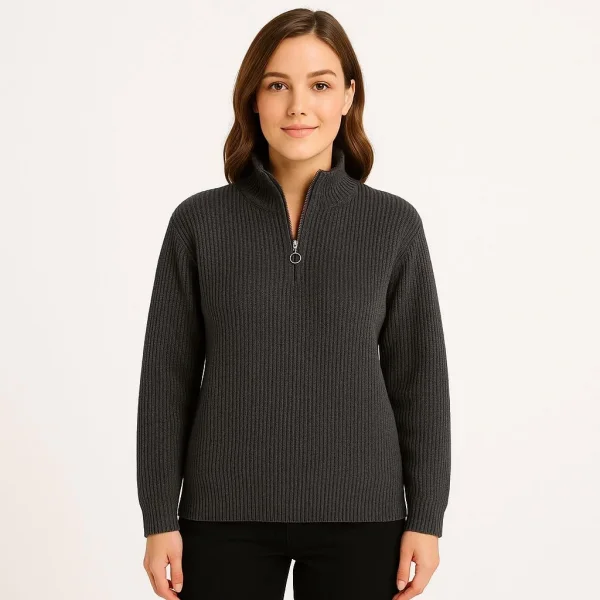 KADIN Yarım Fermuarlı Triko Kazak – Selanik Örgü, Dik Yaka, Pamuklu Dokuma, Oversize Uzun Kollu Kışlık Model - Füme