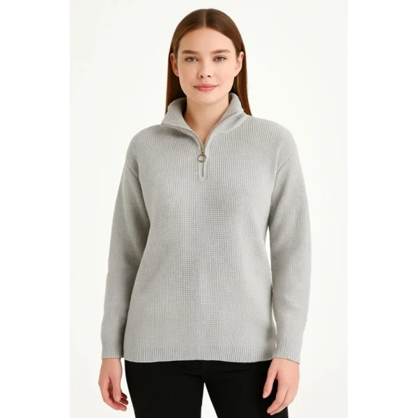 KADIN Yarım Fermuarlı Triko Kazak – Selanik Örgü, Dik Yaka, Pamuklu Dokuma, Regular Fit Uzun Kollu Kışlık Model - Gri