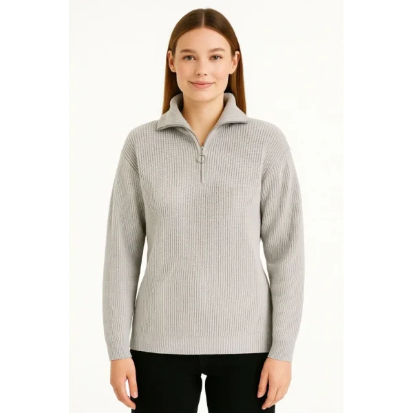 KADIN Yarım Fermuarlı Triko Kazak – Selanik Örgü, Dik Yaka, Pamuklu Dokuma, Regular Fit Uzun Kollu Kışlık Model - Gri