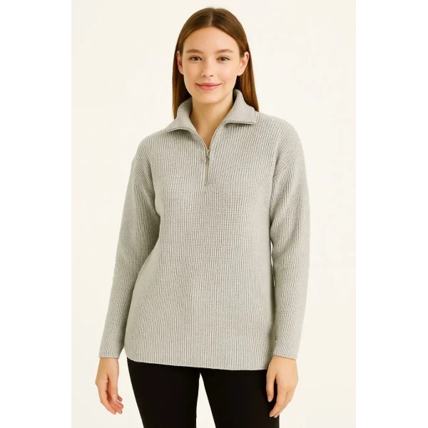 KADIN Yarım Fermuarlı Triko Kazak – Selanik Örgü, Dik Yaka, Pamuklu Dokuma, Regular Fit Uzun Kollu Kışlık Model - Gri