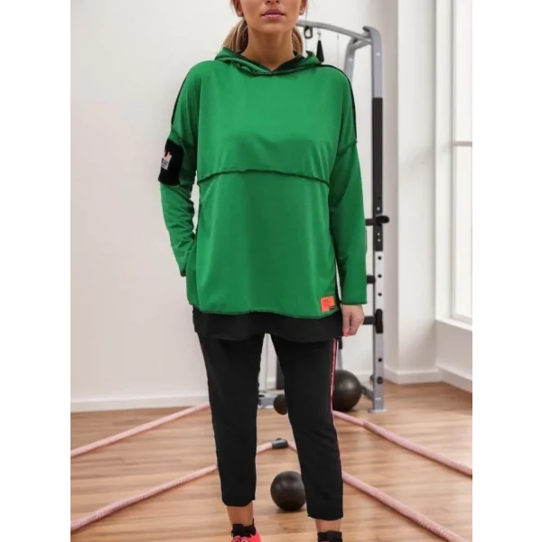 Kadın Yeşil Kapşonlu Etek Ucu Detay Arma Ters Dikiş Gorunumlu Ikili Takım