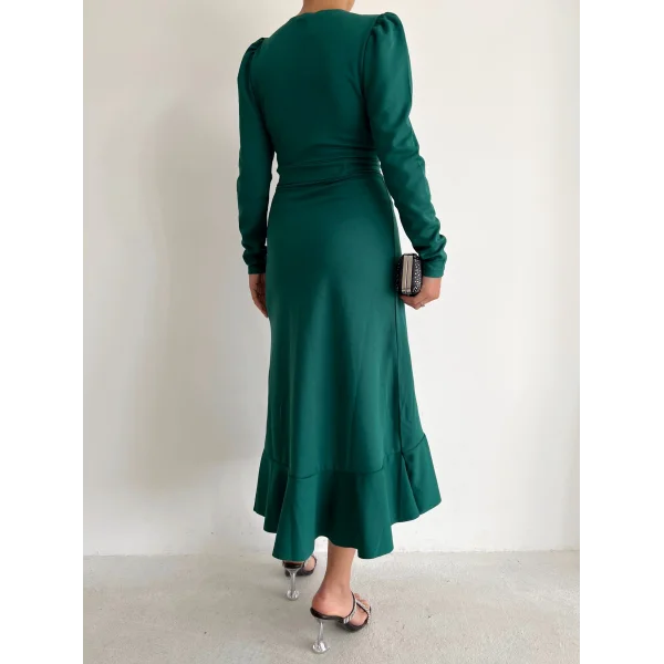 Kadın Yeşil Krep Kumaş idi Boy Kuşaklı Uzunkol Elbise