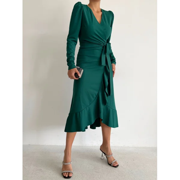 Kadın Yeşil Krep Kumaş idi Boy Kuşaklı Uzunkol Elbise