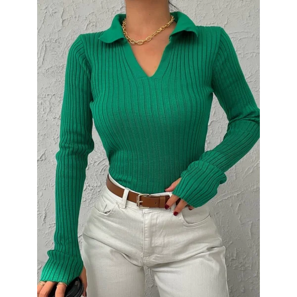 Kadın Yeşil Polo Yaka Parmak Detay Triko Bluz 2047