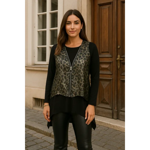 Kadın Yılan Desen Fermuar Detay Yelek Ve Asimetrik Kesim Bluz Salaş Ikili Takım
