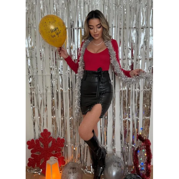 Kadın Yılbaşı özel Kalın Kemerli Kuşaklı Bir Tarafı Taşlı Küçük Yırtmaçlı Deri Mini Etek