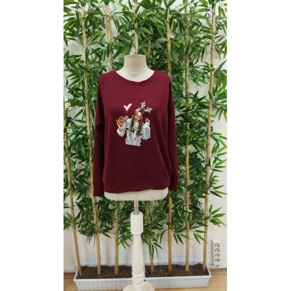 Kadın Yılbaşı özel Uzun Kollu Bisiklet Yaka Desenli Viskon Iki Iplik Bluz