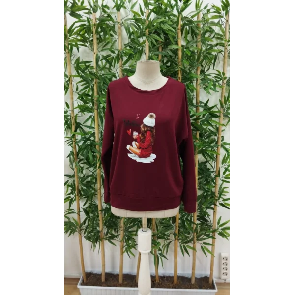 Kadın Yılbaşı özel Uzun Kollu Bisiklet Yaka Desenli Viskon Iki Iplik Bluz