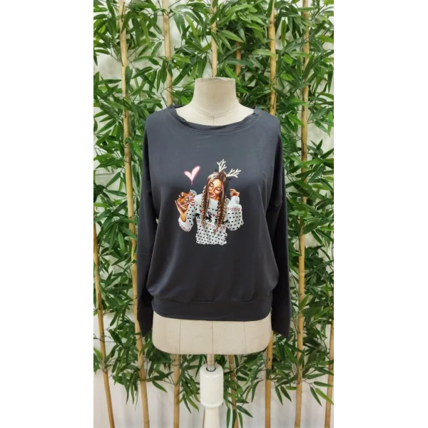 Kadın Yılbaşı özel Uzun Kollu Bisiklet Yaka Desenli Viskon Iki Iplik Bluz