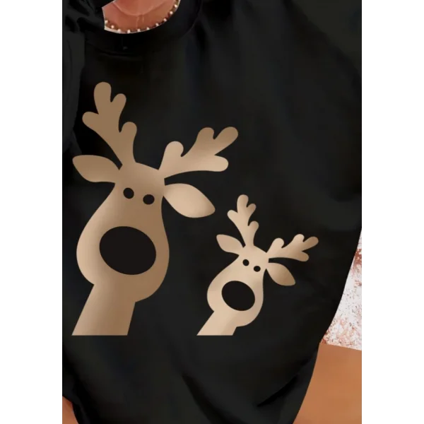 Kadın Yılbaşı Özel Uzun Kollu Bisiklet Yaka Geyik Desenli Viskon Iki Iplik Bluz