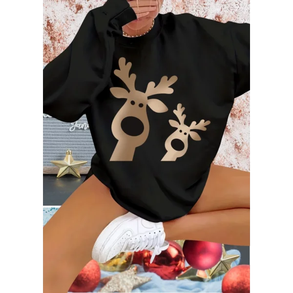 Kadın Yılbaşı Özel Uzun Kollu Bisiklet Yaka Geyik Desenli Viskon Iki Iplik Bluz