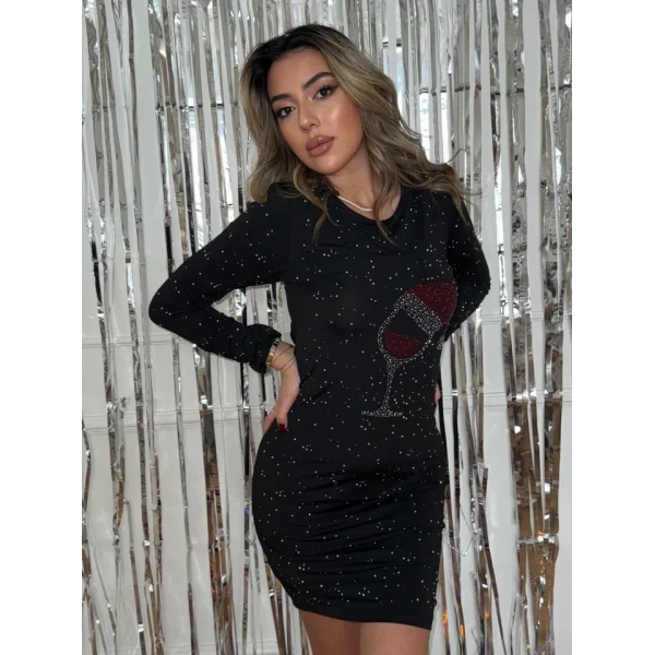 Kadın Yılbaşı özel Uzun Kollu Taş Kadeh Baskı Mikro Mini Boy Elbise