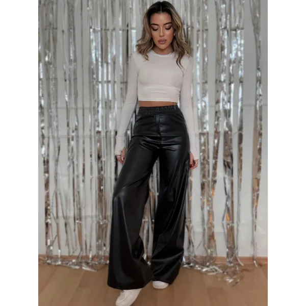 Kadın Yılbaşı özel Yüksek Bel Beli Lastikli Geniş Paçalı Deri Pantolon