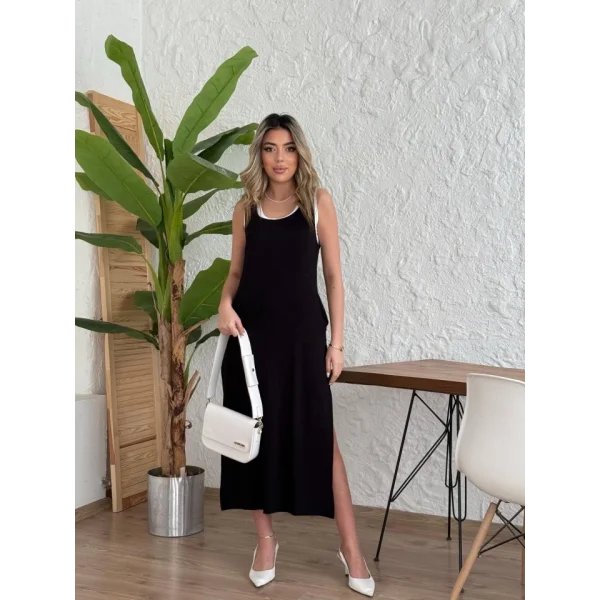 Kadın Yırtmaç Detaylı Viskon Kumaş Maxi Boy Cepli Iç Dahil Ikili Elbise