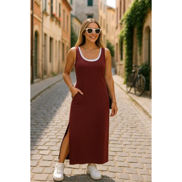 Kadın Yırtmaç Detaylı Viskon Kumaş Maxi Boy Cepli Iç Dahil Ikili Elbise