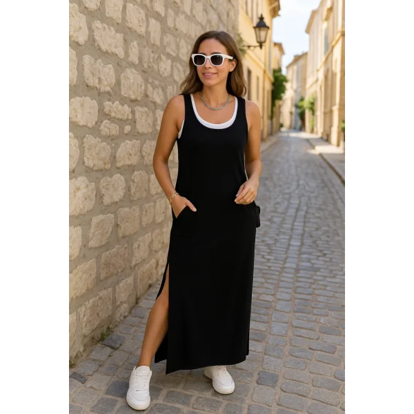 Kadın Yırtmaç Detaylı Viskon Kumaş Maxi Boy Cepli Iç Dahil Ikili Elbise