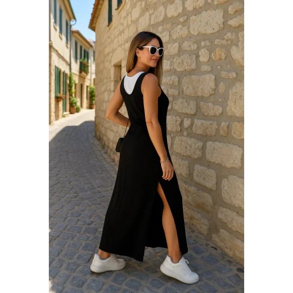 Kadın Yırtmaç Detaylı Viskon Kumaş Maxi Boy Cepli Iç Dahil Ikili Elbise