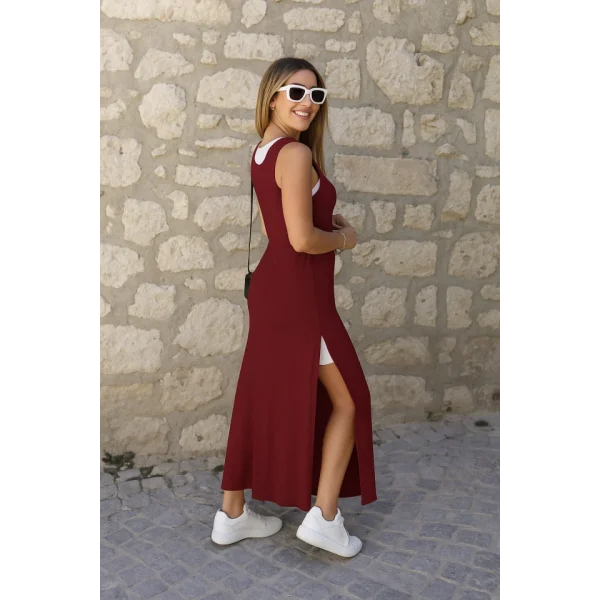 Kadın Yırtmaç Detaylı Viskon Kumaş Maxi Boy Cepli Iç Dahil Ikili Elbise