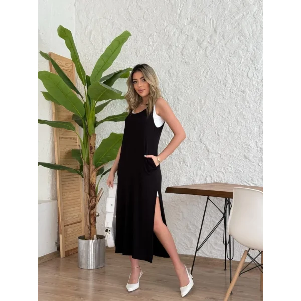 Kadın Yırtmaç Detaylı Viskon Kumaş Maxi Boy Cepli Iç Dahil Ikili Elbise