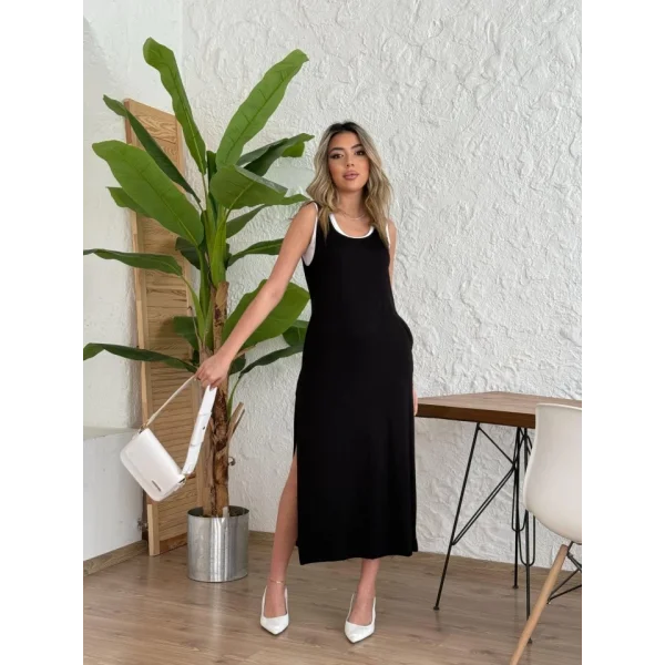 Kadın Yırtmaç Detaylı Viskon Kumaş Maxi Boy Cepli Iç Dahil Ikili Elbise