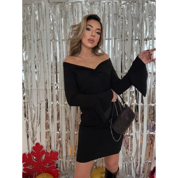 Kadın Yolbaşı özel Uzun Kollu çapraz Derin Dekolte Detaylı Ithal Krep Kısa Elbise