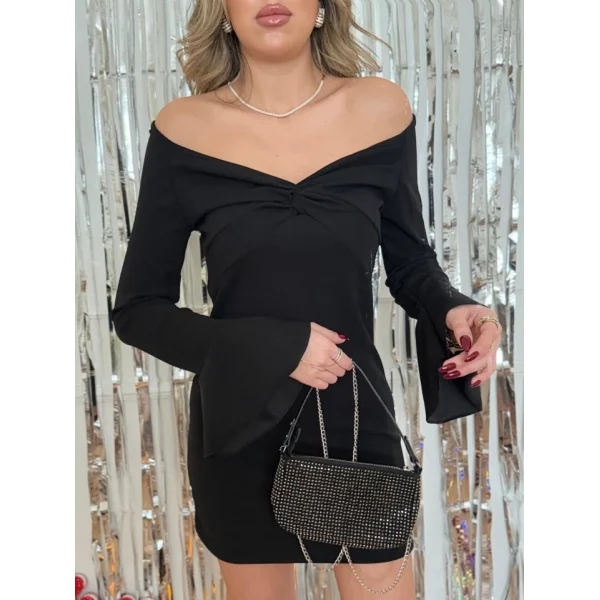 Kadın Yolbaşı özel Uzun Kollu çapraz Derin Dekolte Detaylı Ithal Krep Kısa Elbise