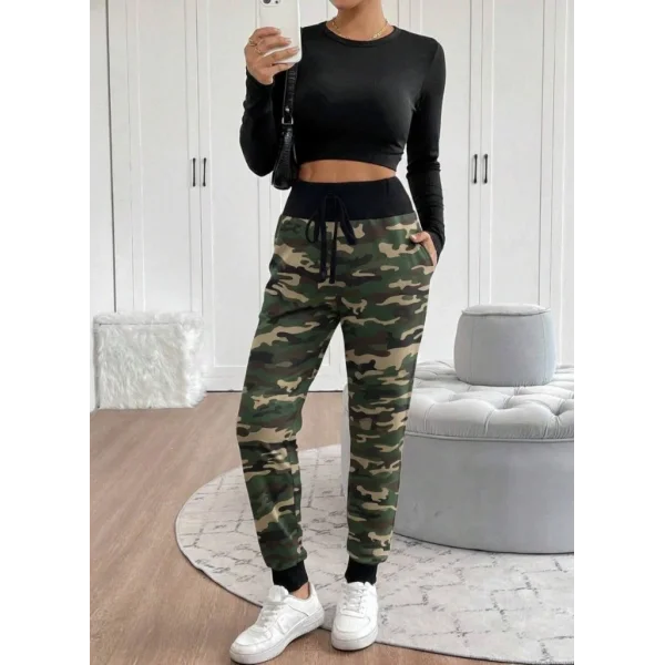 Kadın Yüksek Bel Bağcıklı Desenli Iki Iplik Pantolon