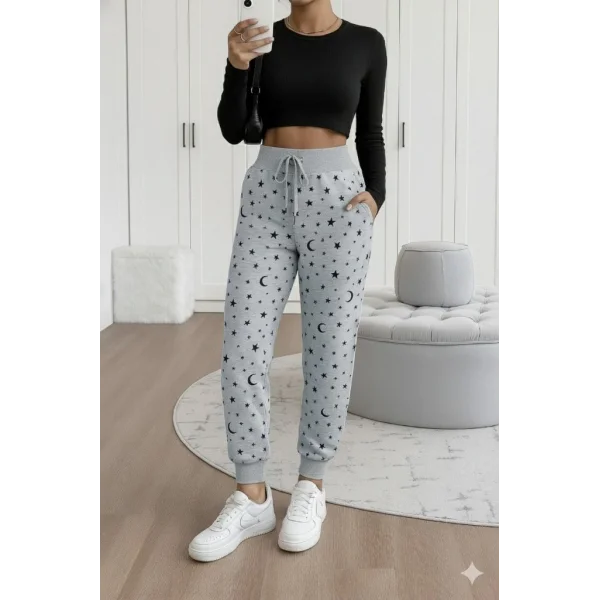 Kadın Yüksek Bel Bağcıklı Desenli Iki Iplik Pantolon