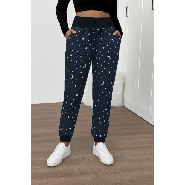 Kadın Yüksek Bel Bağcıklı Desenli Iki Iplik Pantolon