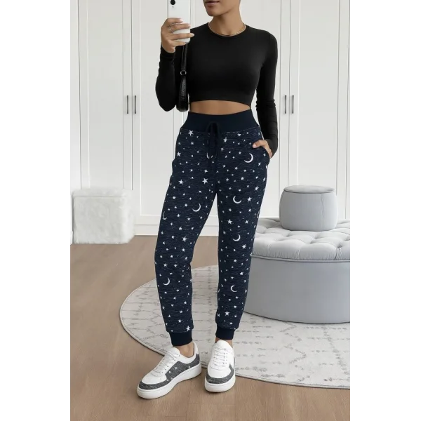 Kadın Yüksek Bel Bağcıklı Desenli Iki Iplik Pantolon