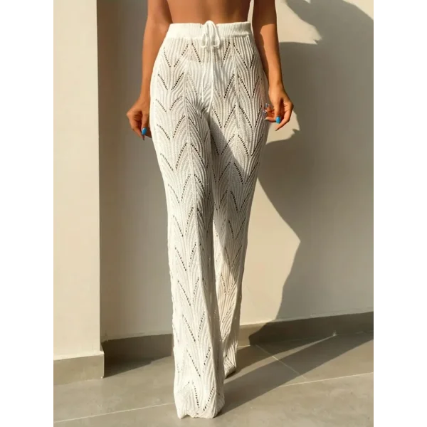 Kadın Yüksek Bel Bağcıklı Desenli Triko Plaj Pantolon
